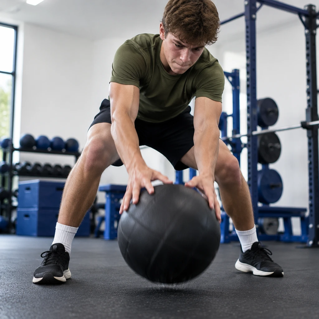 Athlete training with a slam ball
