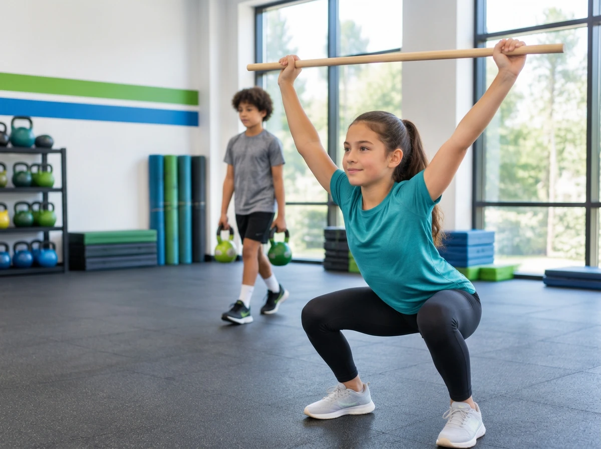 A young athlete doing an overhead squat with a wooden dowel
