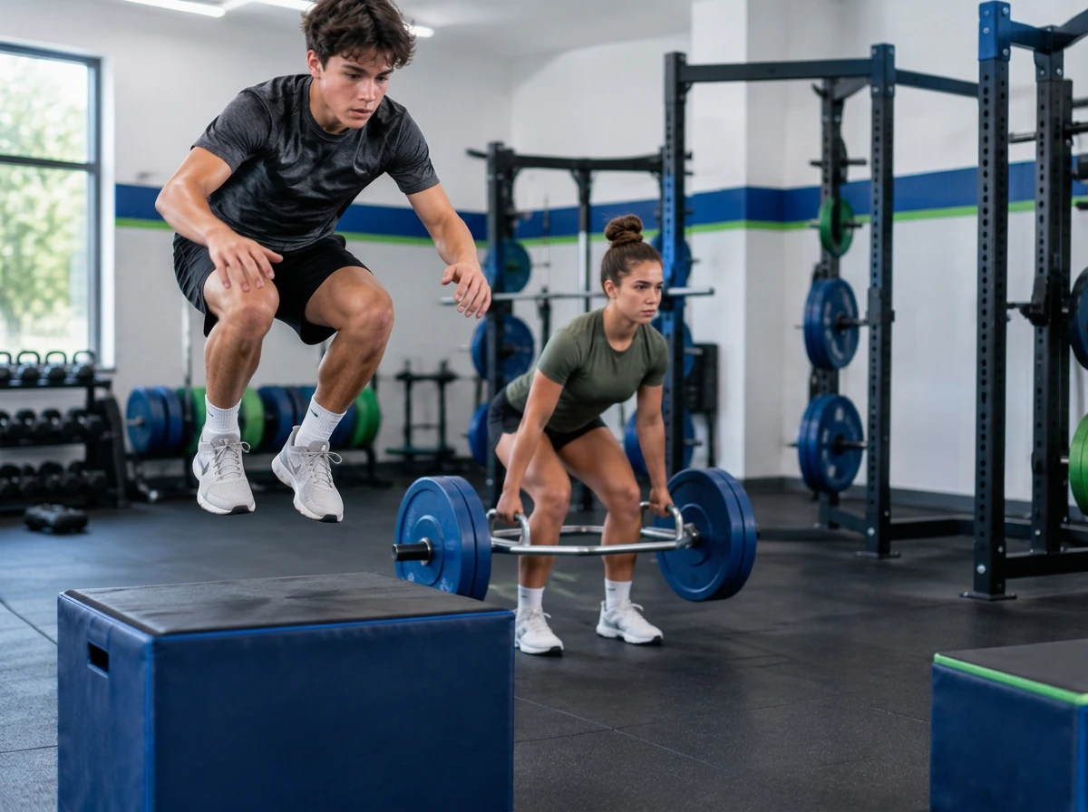 Athletes box jumping and trap bar deadlifting in the training gym