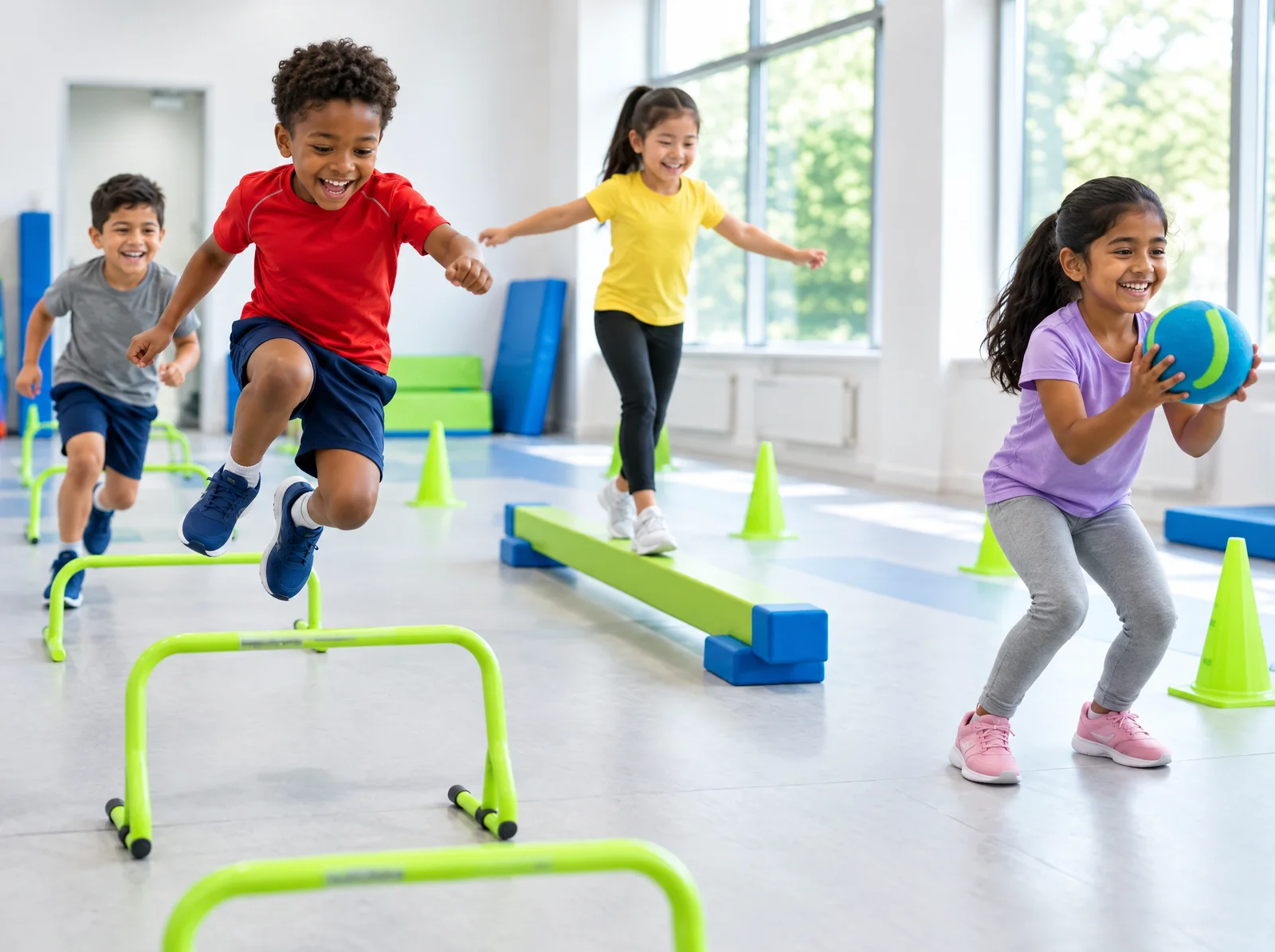 Young athletes jumping hurdles and playing with a ball in a bright gym